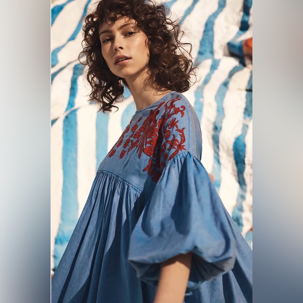 Anthropology HEMANT & NANDITA Blue Blouse with Red Embroidery